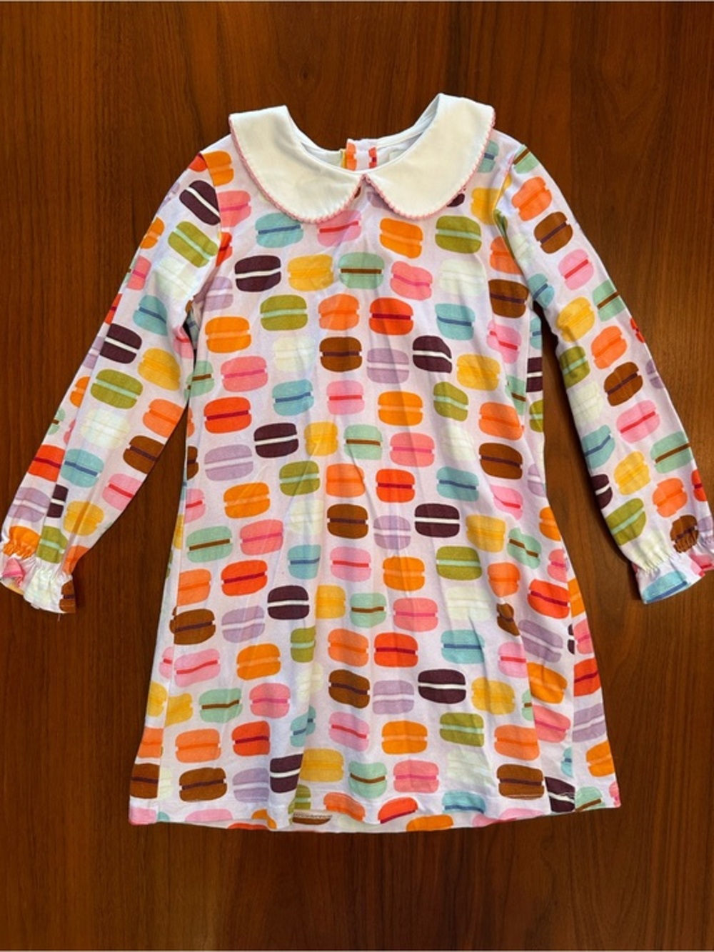 The Oaks Apparel Girls Multicolor Macaron Print Dress with Peter Pan Collar